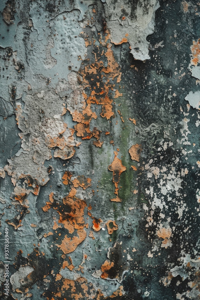 Poster Peeling paint on a worn-out wall with cracks and decay, suitable for use in architecture, design or construction context