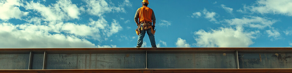 Hispanic construction worker standing on a steel girder, surveying work site