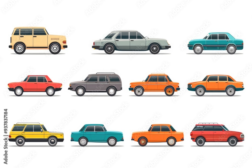 Sticker Set of colorful cars on a clean white background