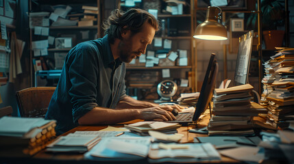 Fototapeta premium An office worker typing on a computer with mildly exaggerated colors and floating papers