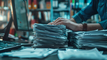 An office worker typing on a computer with mildly exaggerated colors and floating papers