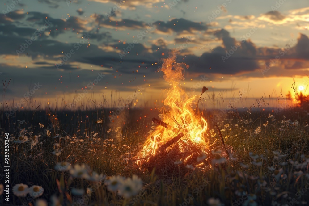 Poster a scene with a fire burning in the center of a field surrounded by colorful flowers