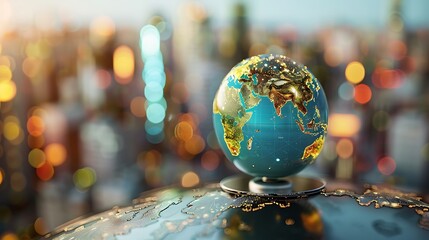 3D model of the earth, illuminated with a golden glow, stands on a base over a blurred cityscape background. It symbolizes a global connection and modern technology.