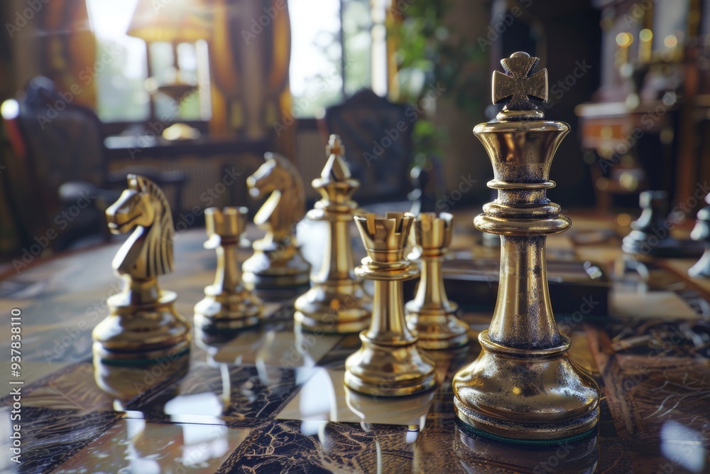 Poster A detailed view of a chess set placed on a table, perfect for illustrations or graphics