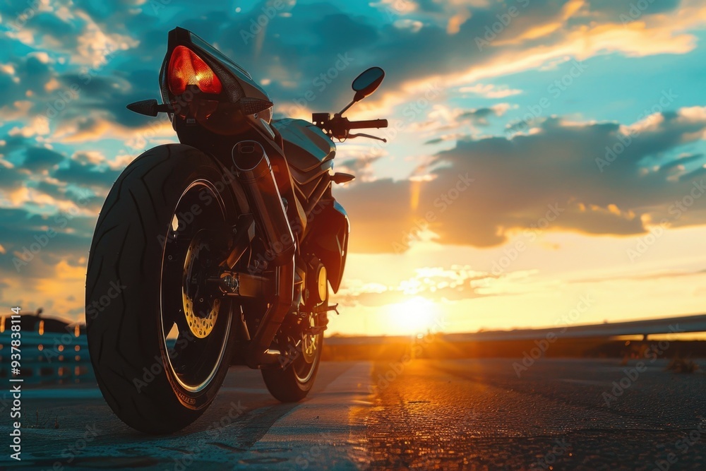 Canvas Prints A motorcycle parked on the side of the road at sunset