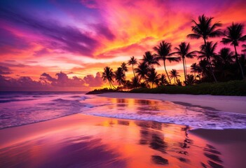 stunning beach sunset vibrant colors brilliant sky reflections over calm water, clouds, horizon, orange, pink, blue, light, nature, scenery, landscape