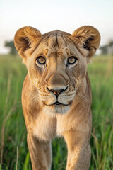 Fototapeta premium A young lioness, walking through the grasslands of the African savannah, close-up shot.