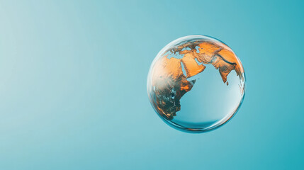 A transparent globe with focus on continents of Asia and Africa, floating against blue background.