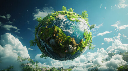 A floating miniature Earth with lush greenery and water bodies, surrounded by clouds and bright blue sky, evokes sense of wonder and tranquility.