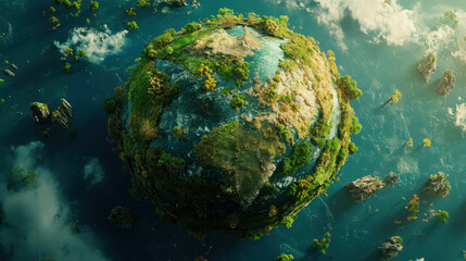 Aerial view of lush, green planet surrounded by blue water and floating islands, evoking sense of wonder and tranquility.