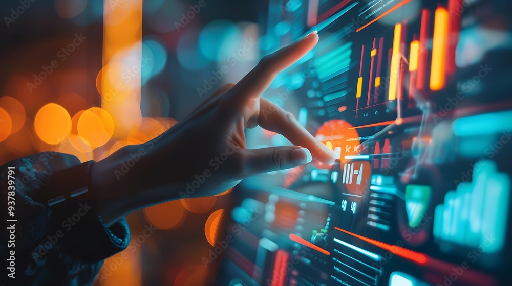 Poster close-up shot of a hand interacting with a digital screen displaying complex data visualizations. th
