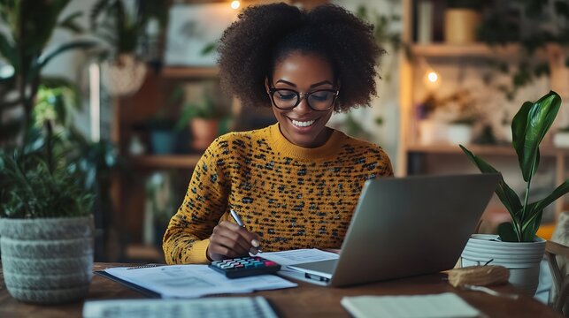 Smiling woman managing finances at home using laptop calculator and documents in cozy living room Concept of home budgeting financial planning and remote work : Generative AI