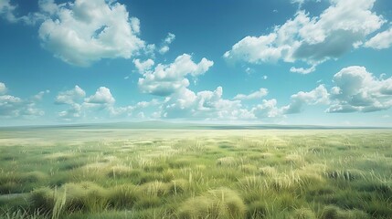 Obraz premium A serene landscape featuring vast grasslands under a bright blue sky with fluffy clouds.
