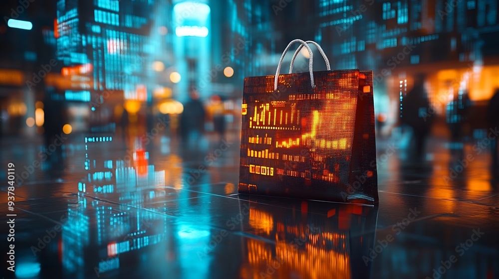 Aufkleber Image of financial data processing over shopping bag Global shopping business finance computing and data processing concept digitally generated image : Generative AI
