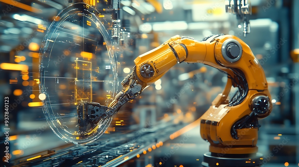 Poster MLP Mechanized industry robot arm and factory worker double exposure Concept of robotics technology for industrial revolution and automated manufacturing process : Generative AI