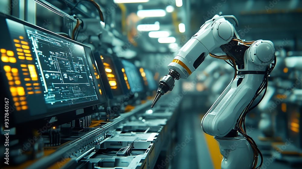 Aufkleber Industry 40 Ai Smart industry of digital factory industrial revolution Engineer control robotics automatic arms machine with monitoring Ai system software Digital manufacturing operati : Generative AI