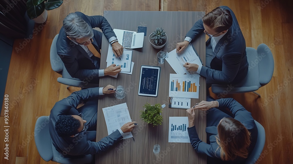 Aufkleber Top down aerial view of smart business people analyze data together at meeting Group of business team working together and looking at financial chart at tablet placed on meeting table  : Generative AI
