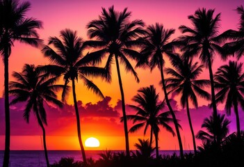 vibrant silhouettes palm trees colorful sunset backdrop rich hues purple, colors, orange, pink, sky, nature, tropical, evening, landscape, horizon, shadows