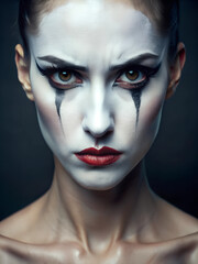 realistic photography extreme close up of a white painted floral profoundly sad contorted pouty ballerinas face with a angry scowl of a frown defined with black makeup looking directly forward 