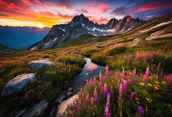 Fototapeta premium breathtaking mountain scenery featuring exciting adventure equipment outdoor enthusiasts, altitude, backpack, camping, climb, exploration, expedition