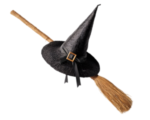 A witch hat and broom placed on a clean white background, symbolizing Halloween and magical themes