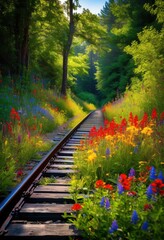 Fototapeta premium vibrant wildflowers blooming along abandoned train tracks creating colorful natural landscape, foliage, garden, growth, nature, path, season, spring, yellow