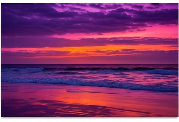 Obraz premium vibrant ocean sunset breathtaking colors gentle waves reflecting dusk sky, reflection, light, water, evening, nature, landscape, scenery, clouds, beach
