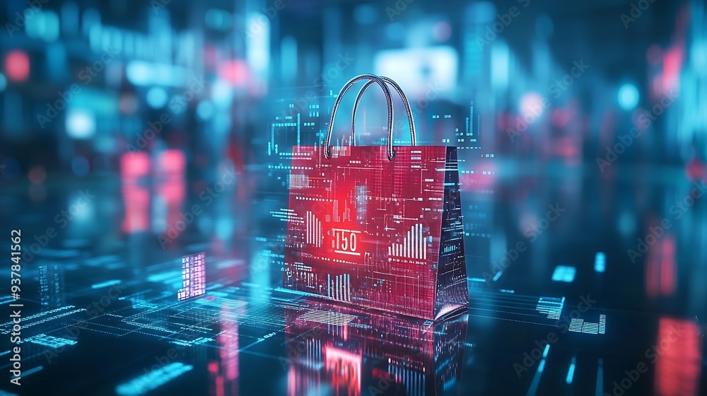 Aufkleber Image of financial data processing over shopping bag Global shopping business finance computing and data processing concept digitally generated image : Generative AI