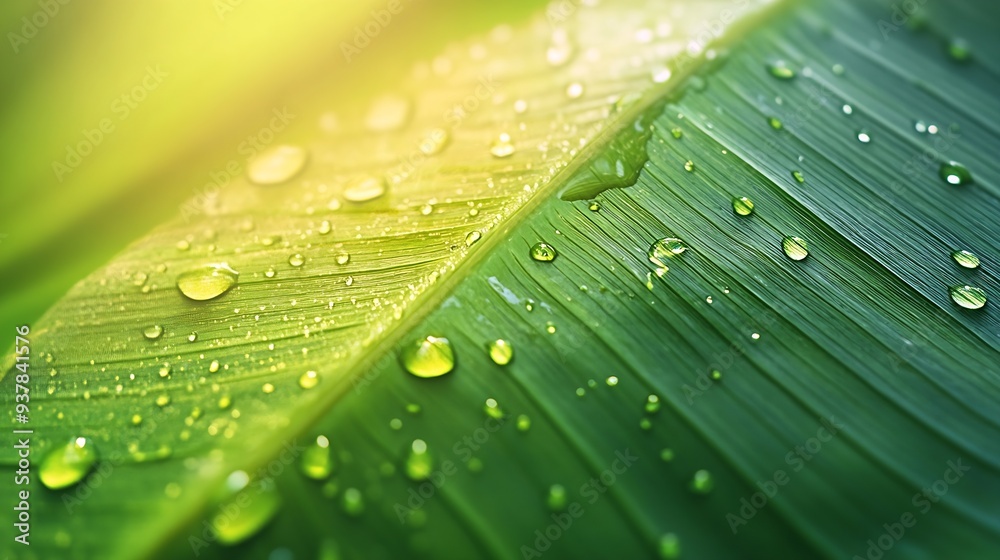 Poster Closeup of green banana leaf background with details of a leafcovered in water droplets Macro vibrant plant nature organic Abstract green leaf light : Generative AI