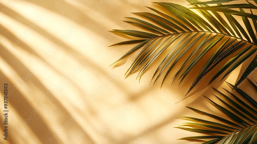 Poster natural palm leaf shadow on light beige sandy color background banner with copyspace summer minimal 