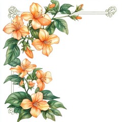 Obraz premium Orange Jasmine with decorative border, fine art style, isolated on white background, watercolor on white background, no blur, photo not dark, everything is clear, copy space