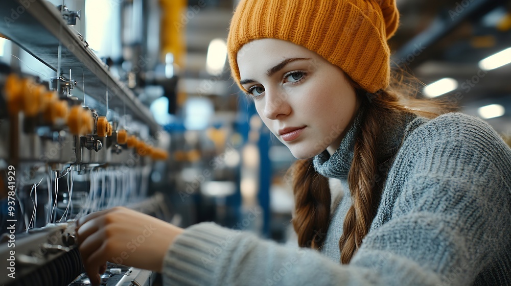 Poster textile factory worker standing by modern industrial sewing machine and checking thread connections 