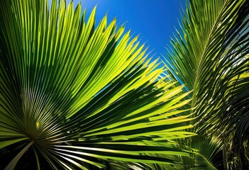 lush green palm fronds stretching elegantly bright clear blue sky underneath sunlight, leaf, tropical, foliage, vibrant, summer, outdoor, plant, exotic