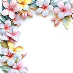 Naklejka premium Plumeria with soft border, pastel colors, isolated on white background, watercolor on white background, no blur, photo not dark, everything is clear, copy space
