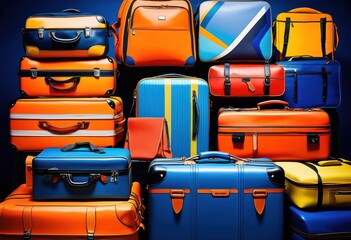 Fototapeta premium vibrant luggage travel accessories displayed dynamic backdrop featuring bold colors energetic patterns, bags, backpacks, baggage, cases, chic, colorful