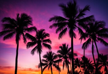 Obraz premium vibrant silhouettes palm trees framed stunning sunset rich colors purple sky, orange, pink, tropical, evening, landscape, horizon, light, shadow, warm