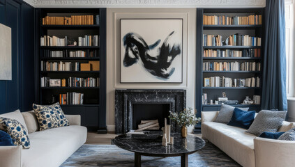  A large black and white swirl painting hangs above the fireplace in an elegant living room, surrounded by two dark blue bookshelves filled with books on both sides of it. Created with Ai