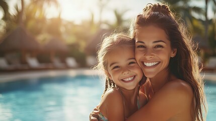 Mother and daughter laugh by luxury resort pool in tropics Family enjoy sunny vacation swimwear fashion quality time together Mom hugs girl tropical holiday relax leisure lifestyle hap : Generative AI