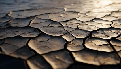 Detailed view of cracked earth surface illuminated by sunlight during early morning hours at a natural landscape