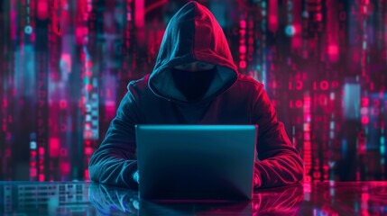 Hacking and malware concept. Hacker using abstract laptop with digital interface.