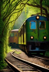Obraz premium vibrant vegetation surrounds abandoned train tracks creating lush overgrown landscape, nature, greenery, plants, foliage, rust, rails, corridor, path