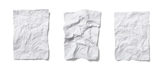 A series of three crumpled white paper sheets displayed on a flat surface, revealing different textures and creases under soft lighting