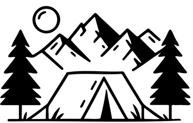 Simple black and white camping scene photo with mountains in the background, pine trees on the sides, and a tent in the foreground with no shading or color fill.