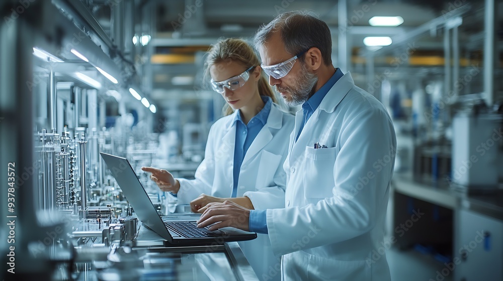 Poster Experienced Male and Female Engineers Standing on a Platform at a Modern Industrial Factory Using Laptop Computer and Discussing Production of Modern Electronics for Artificial Intelli : Generative AI