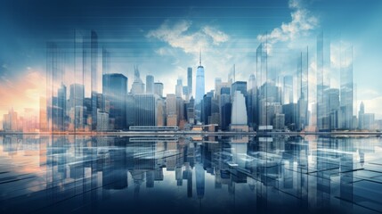 Fototapeta premium Double exposure futuristic city in blue tones. Neural network ai generated art