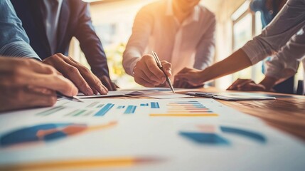 Business team analyzing data and planning strategies during a collaborative meeting, focusing on teamwork