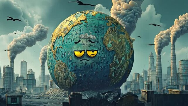 illustration of a distressed Earth surrounded by industrial pollution.
