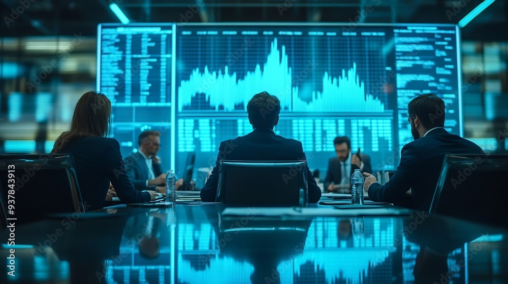 Aufkleber Charts group and stock market for man presentation and pointing of stats for growth and sales Boardroom employee and people in meeting for finance increase and multiple exposure of aud : Generative AI