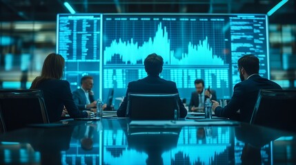 Charts group and stock market for man presentation and pointing of stats for growth and sales Boardroom employee and people in meeting for finance increase and multiple exposure of aud : Generative AI