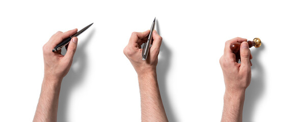 Three hands are shown holding a different writing instrument each, including a fountain pen, a...